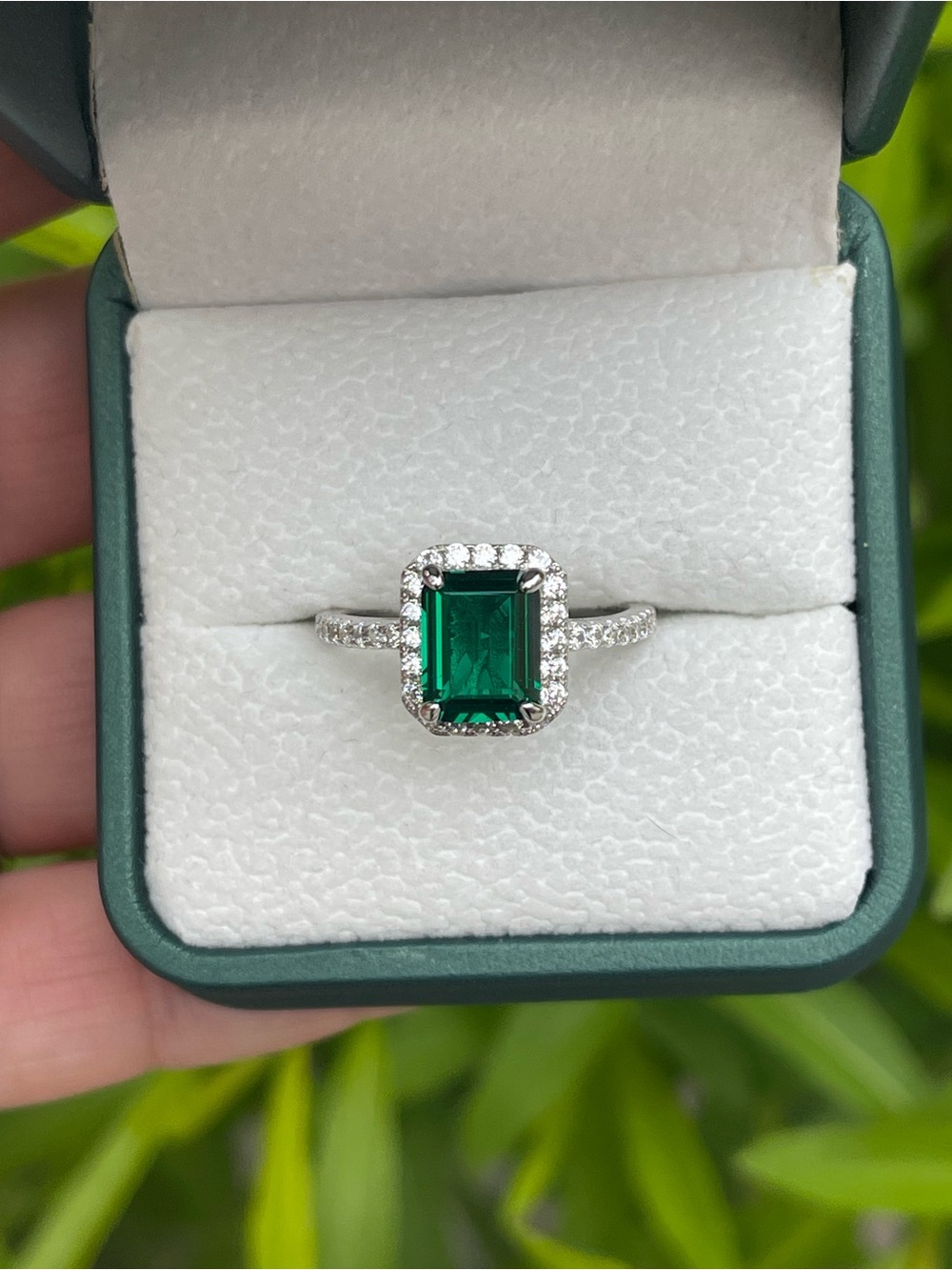 Emerald Green Halo Sterling Silver Pave Ring